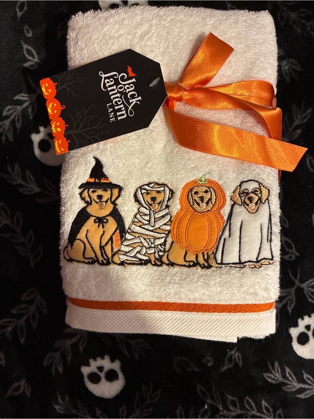 Jack O Lantern 2 pack Halloween Dogs Embroidered Bath Towel - Orange & White